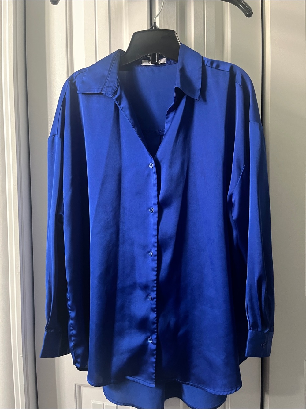 Suzy Shier Royal Blue Satin Button-Down Shirt